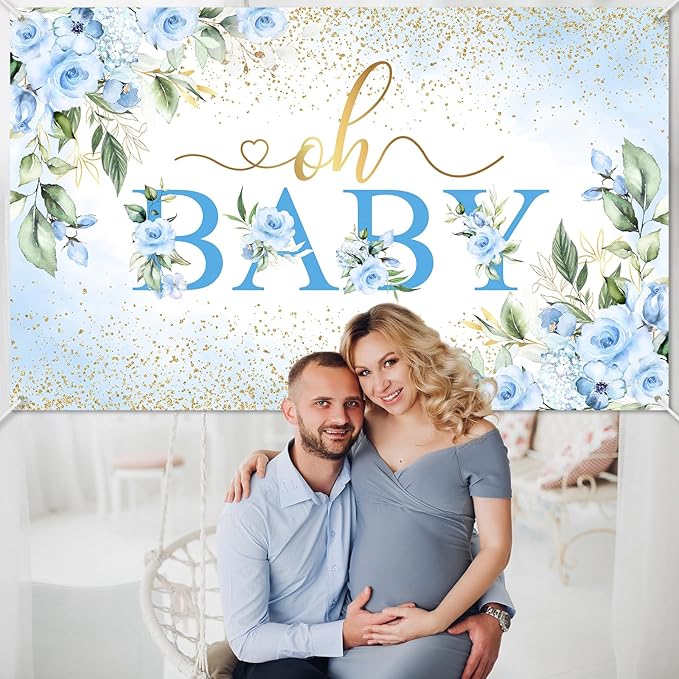Mocsicka Oh Baby Backdrop Blue Floral Baby Shower Banner for Boys Party Decorations Photo Booth Props (Blue, 7x5ft)