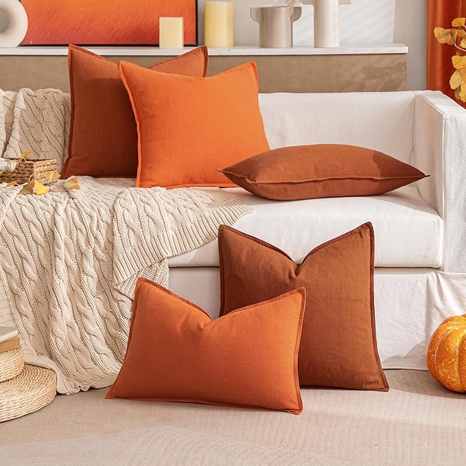 MIULEE Decorative Linen Lumbar Pillow Covers 12x20 Inch Rust Boho Farmhouse Neutral Couch Throw Pillows for Bed Pack of 2 Accent Modern Pillowcase Summer Sofa Livingroom Home Decor