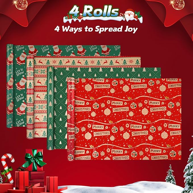 Panigkids Wrapping Paper Jumbo Rolls, Holiday Gift Kraft Wrap Paper for Kids Adults, 4 Rolls - 17 in. x 16 ft. Per Roll, Green Christmas Tree, Snowflakes, Santa, Merry Christmas.(With Jute Twine)