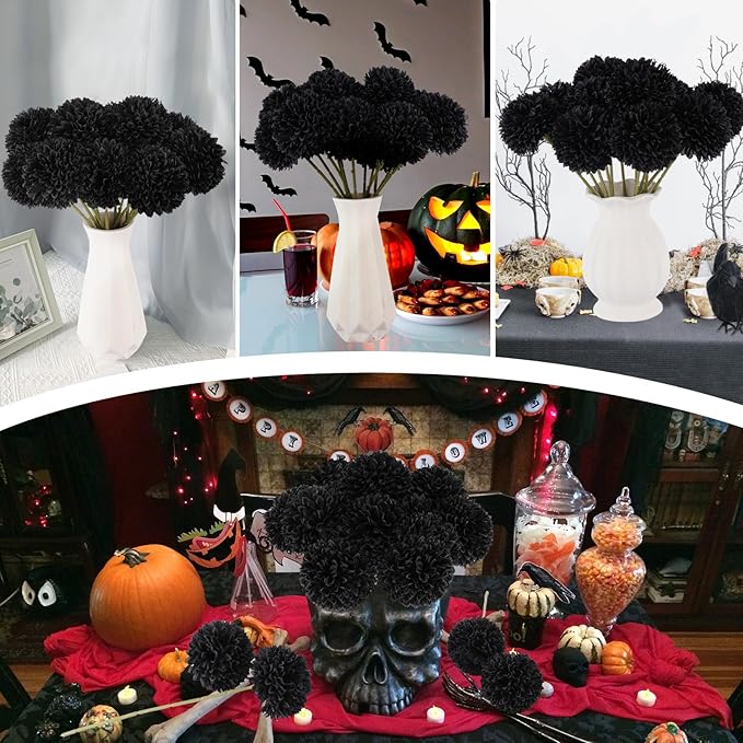 12 Pcs Black Artificial Chrysanthemums Flowers Silk Fake Mums Flowers for Halloween Ghothic Wedding Table Centerpiece Christmas Home Decor (12, Black)