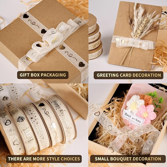 SAYUAN Gold Love Ribbon 5/8 Inch x 30 Yards Organza Ribbon with Gold Love Pattern for Valentine's Day Birthday Christmas Gift Wrapping Handmade Crafts Floral Bouquet Wedding Party Decoration