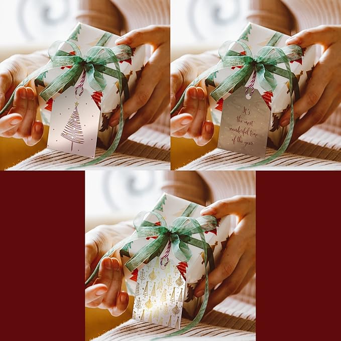 Pro Supply Global 24 Count of 2.5 Inch x 3 Inch Pre Strung Gold Christmas Trees Gift Tag Assorted Printed Designs on Large Cardstock Gift Hang Tags - Ideal to Use on Bags