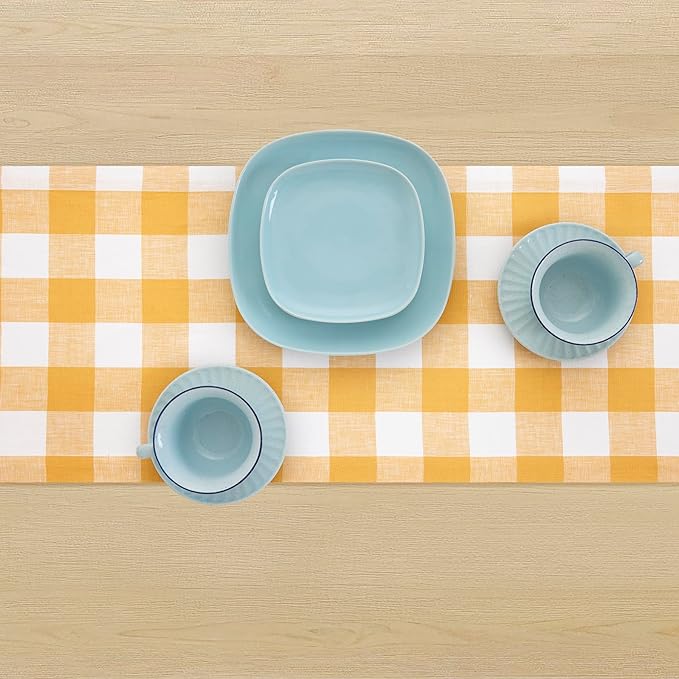 Solino Home Linen Checkered Table Runners 72 Inches Long - 100% Pure Linen Mustard and White Buffalo Check Table Runner 14 x 72 Inch Ideal for Dresser, Spring, Easter