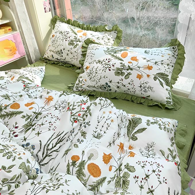 Twin XL Comforter Set 3 Pieces Cute Flower Botanical Comforter Set with Chic Ruffles Aesthetic Green Floral Comforter with 2 Pillowcases Romantic Princess Ruffle Bedding Comforter for Teen Girls