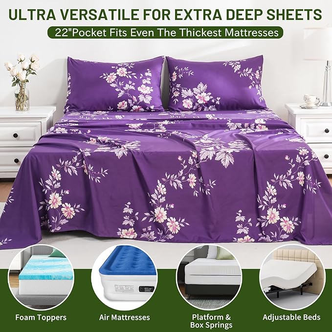 Bedlifes Extra Deep Pocket 18-24" King 4-Piece Sheet Set - Cooling Sheets Blend Rayon Derived from Bamboo Soft & Breathable,Featuring Dark Purple Floral