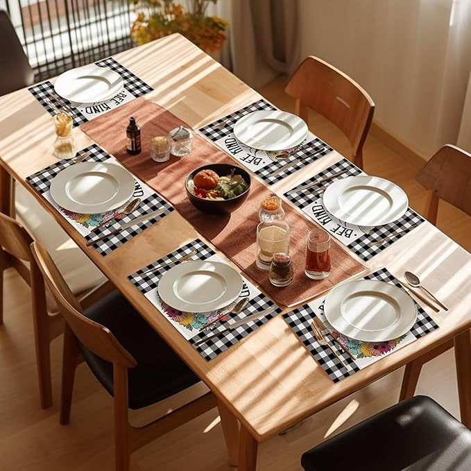 Summer Bee Placemats Set of 6,Washable Heat Resistant 12×18 Inch Linen Table Mats Sunflower Place Mats for Party Outdoor Dining Decor