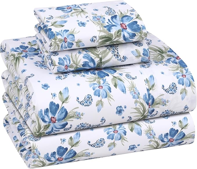 RUVANTI 100% Cotton King Size Sheets Set, 4 Pieces, Soft & Breathable Percale Weave Bedding, Deep Pocket 16", Hotel Standard, Crisp Cool Feel, Durable, Perfect Floral Bed Sheet, Paislyona