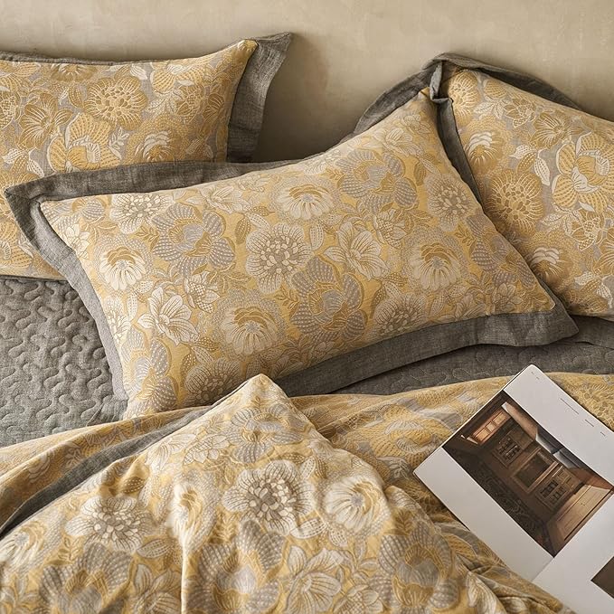 EAVD Vintage Style Yellow Floral Duvet Cover Full Soft 100% Muslin Cotton Yarn-Dyed Jacquard Textured Bedding Set with 2 Pillowcases Linen Like Gauze Botanical Duvet Cover with Zipper Closure