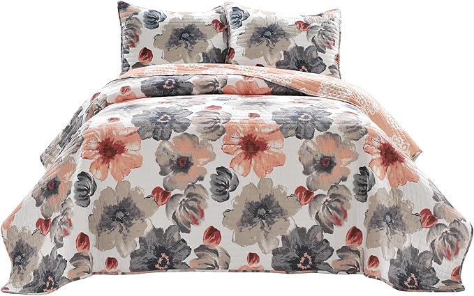 Lush Decor Leah Reversible Floral Quilt Set, 3 Piece Set, Full/Queen, Coral & Gray - Watercolor Botanical - Cottage Core - French Country Decor- Bedding Queen Size