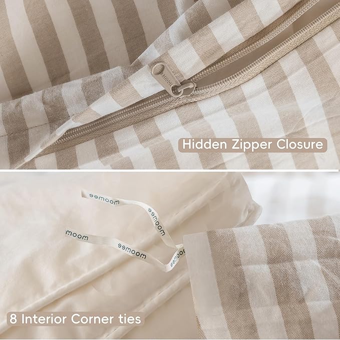 MooMee Striped Duvet Cover Set 100% Washed Cotton Linen Like Textured Breathable Durable Soft Comfy (Tannish Linen Grey White Classic Stripes, Alaska King 132"x120")