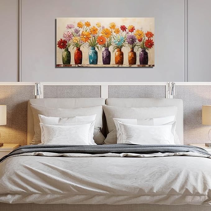 Colorful Daisy Floral Canvas Wall Art, Modern Abstract Flower in Vase Pictures for Living Room Bedroom Office Wall Decor, Horizontal Printed Painting Artwork Home Decorations, Size 40x20 Inches