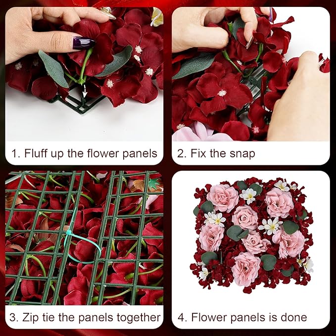 Pack of 6 Artificial Silk Flower Panels, Faux Floral Wall Background for Wedding Party Engagement Bridal Shower Arrangement Home Decorations - Burgundy