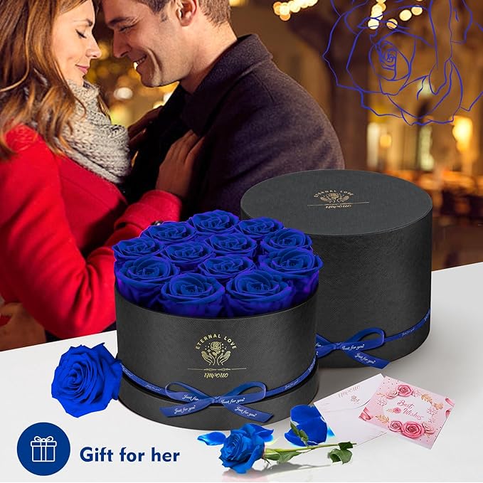 Forever Flowers,12 Roses in A Box,Real Preserved Roses,Birthday Gift for Women,Mother's Day, Anniversary - Blue Rose