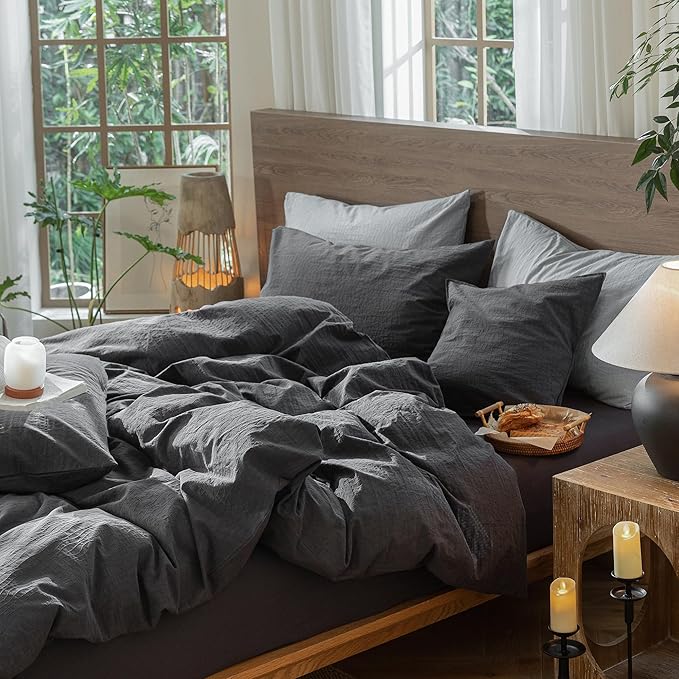 MooMee Wavy Striped Duvet Cover Set 100% Washed Cotton Linen Like Textured Breathable Durable Soft Comfy (Charocal Grey, Super Queen 90"x98")