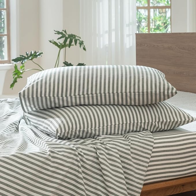 MooMee Striped Duvet Cover Set 100% Washed Cotton Linen Like Textured Breathable Durable Soft Comfy (Heathered Green Classic Stripes, Twin 68"x90")