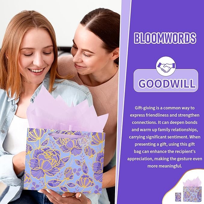 Bloomwords 13" Mother’s Day Gift Bags with Card Tissue(Rose Flower) for women Celebrating Birthdays, Valentine's Day, Weddings, Anniversaries(Purple,2PCS Flower Gift Bag)