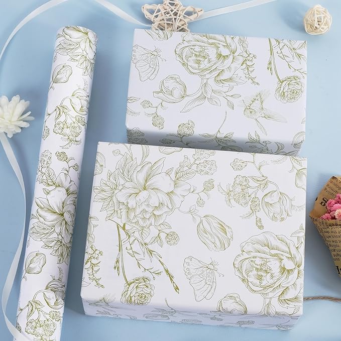 RayofSun Green Floral Wrapping Paper Roll 17 in x 32 ft Mini Roll Vintage Toile Flower Gift Wrap Paper for All Occasion Wedding Birthday Bridal Shower Party Baby Shower Christmas