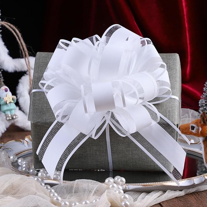 12 Pieces Pull Bow Wrapping Pull Bow Ribbon Pull Bows for Wedding Baskets,6 Inches Diameter Gift Bows, Large Bows for Presents. (White)