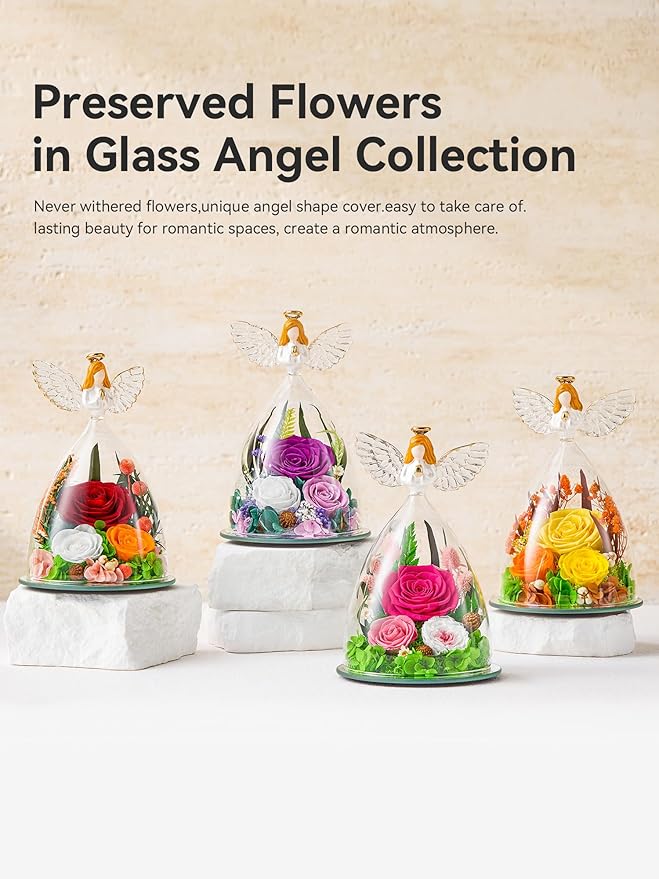 Gifts for Women Forever Flowers Preserved Rose in Glass Angel Figurine Real Colorful Roses Birthday Gifts for Her Grandma Sister Daughter Wife, Yellow