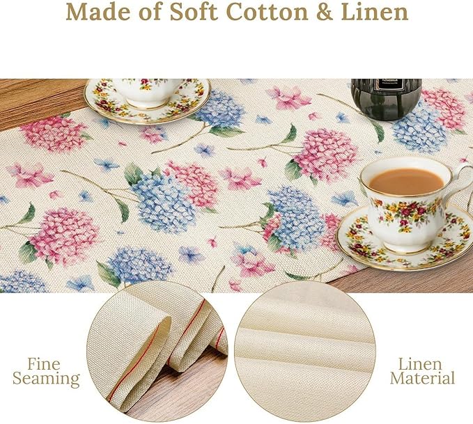 Hydrangea Table Runner, Spring Summer Watercolor Blue Floral Seasonal Country Farmhouse Coffee Coffee Table Center Decor for Home Kitchen Dining Patio Holiday Party Table Decorations 13x72 inches