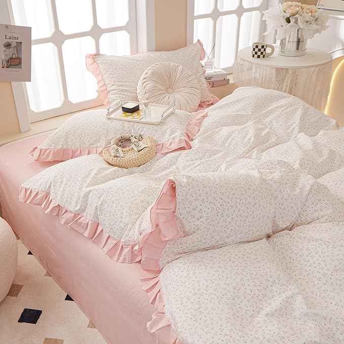 Pink Floral Comforter Set Queen Romantic Girls Ruffle Lace Bedding Set Queen Fluffy Soft Botanical Flowers Comforter with 2 Pillowcases Lightweight Bedding Cottagecore Comforter Set for All Season