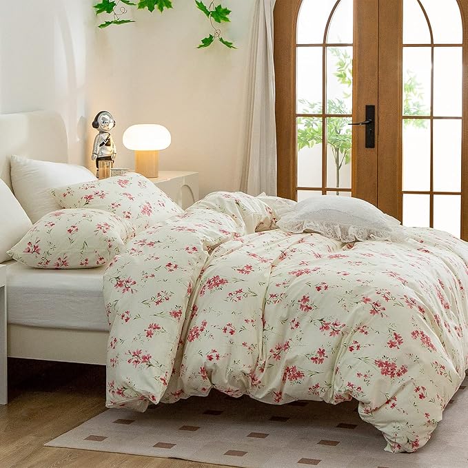 Floral Comforter Set Full Soft Bedding Set 3 Pieces Garden Style Red Flower Print Botanical Flowers Comforter for All Seasons 1 Comforter and 2 Pillowcases (Floral, Full)