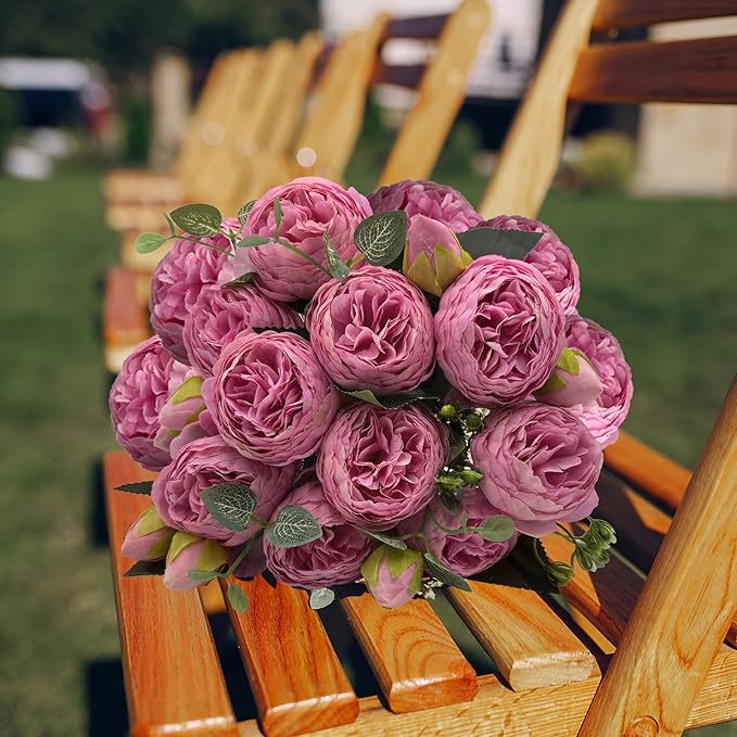 Artificial Peony Flowers, 2Pcs Silk Peonies Fake Peony Bouquets for Home Wedding Office Party Decor (Pink)