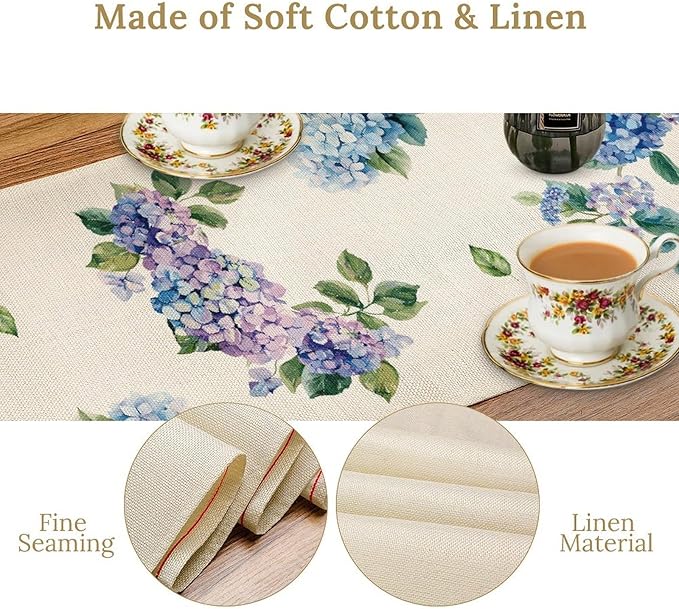 Blue Floral Table Runner, Spring Summer Watercolor Hydrangea Flower Butterfly Country Farmhouse Coffee Table Center Decor for Home Kitchen Dining Patio Holiday Party Table Decorations 13x108 inches