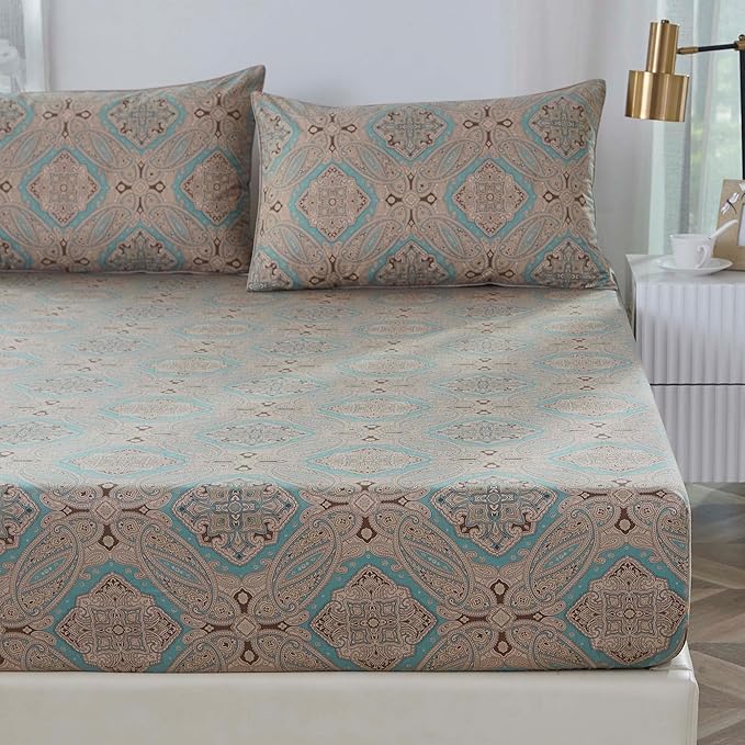 Brandream Boho Paisley Print Luxury Bedding Bohemian Damask Medallion King Size Sheet Set 800TC Egyptian Cotton Sateen Deep Pocket, 4 Piece, Taupe