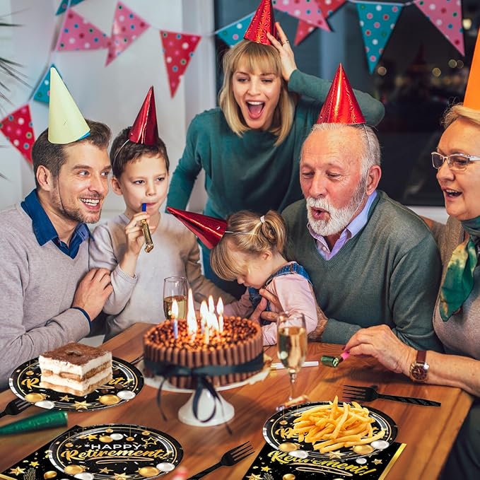 48Pcs Happy Retirement Party Decorations Include Plates Napkins Forks Black and Gold Party Decorations Serve 16 Guests