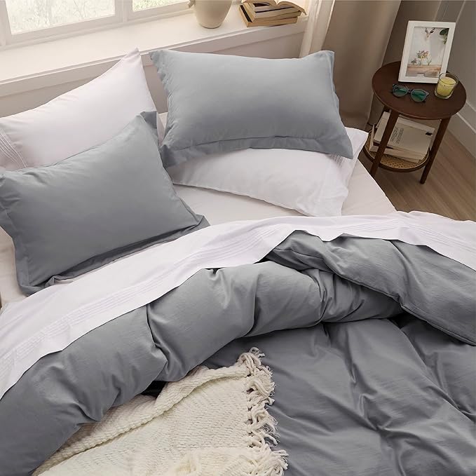 Bedsure Grey Duvet Cover King Size - 3 Pieces Prewashed Cotton-Like Extra Soft Bedding Set, Includes 1 Duvet Cover 104x90 Inches with Zipper Closure & 2 Pillow Shams, Comforter Not Included