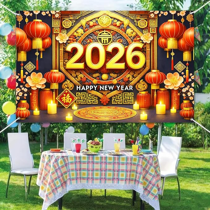 Chinese New Year Banner 71x43 Inch Spring Festival Wall Decoration 2026 Lunar New Year Background with Red Lanterns Gold Fu Character Oriental Pattern for Party Photo Booth Indoor Display