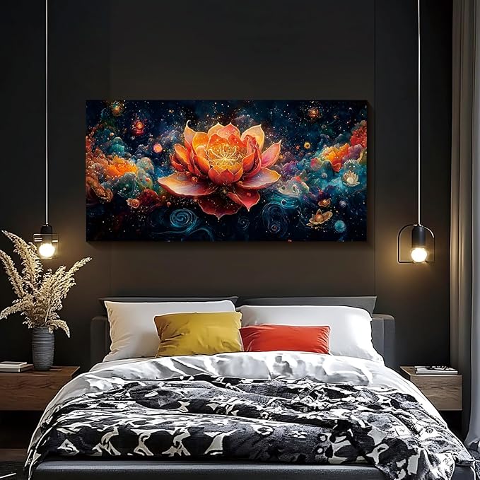 Iallbin Zen Stone Wall Art & Zen Wall Decor, Uminous Ornate Flower With Golden-Orange Petals -for Yoga Meditation Room, Spa & Bathroom, Golden Stamen Art Deco Style, Ready to Hang, 58x29 Inches
