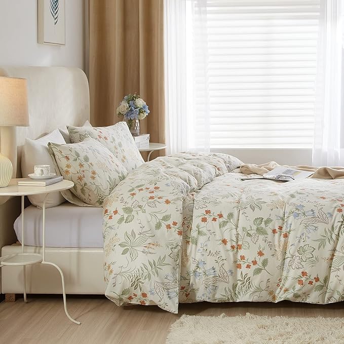 EAVD Twin Duvet Cover Girls Floral Duvet Cover Soft 100% Cotton Chic Fresh Garden Floral Bedding Set with 2 Pillowcases Reversible Vintage Botanical Comforter Set with Zipper Closure