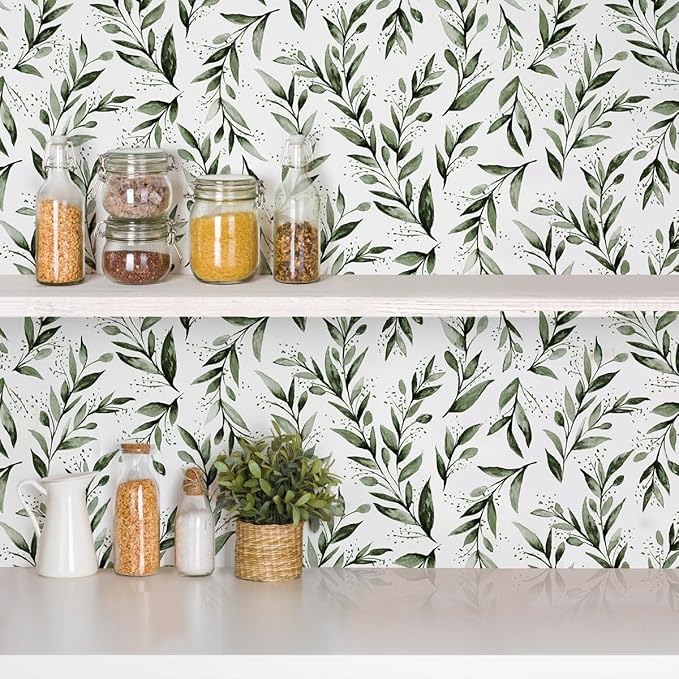 Erfoni Green Leaf Peel and Stick Wallpaper Floral Contact Paper 17.7inch x 393.7inch Greenery Leaves Self Adhesive Wallpaper Peel and Stick Olive Botanical Flowers Wall Paper Decoration Vinyl Film