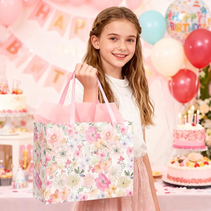 ASYEH NR 13" Large Size Floral Gift Bag Floral Flower Pattern Vintage Gift Bag with Greeting Card Tissue Paper for Girls Women Birthday Mother's Day Valentine's Day Anniversary Wedding Spring Supplies