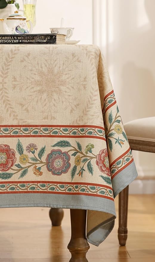 Beige Linen Long Rectangle Tablecloth,Vintage Indian Style Soft and Colorfast Floral Tablecloths,Decor Table Cover for Kitchen,Dining,Thanksgiving,Christmas,63"*102"-Flowershadow E
