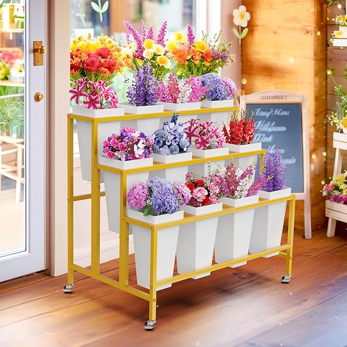 Asee'm Flower Display Stand With 12PCS Buckets 3 Tier Flower Cart Display Stand with Wheels Heavy Duty Moving Metal Plant Stand Flower Bar Flower Rack for Florist Indoor Outdoor Patio Garden Gold