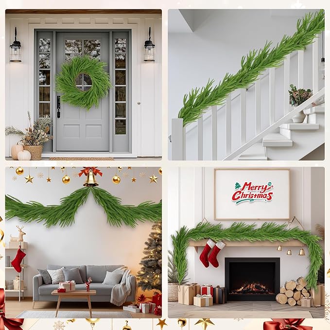 2PCS 6FT Norfolk Pine Garlands Realistic, Realistic Soft Wreath, Artificial Green Faux Cedar Pine Garland for Fireplace Mantle Indoor Outdoor Holiday Party Home Decor(2,6FT)