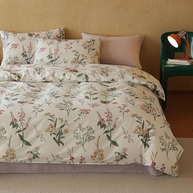 HighBuy Vintage Floral Comforter Set King Pink Yellow Botanical Coquette Bedding Comforters with 2 Pillowcases Women Girl Cottagecore Bedding Sets - 1 Fluffy Comforter 2 Pillow Shams