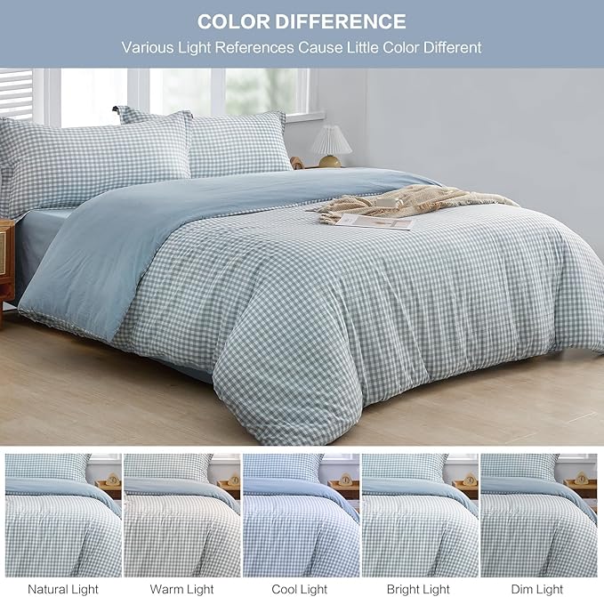 SAPHREAS Twin Size Light Blue Plaid Duvet Cover 100% Washed Cotton Soft Comforter Cover Simple Style 2pcs 1 Blue Grid Duvet Cover 1 Pillow Sham, Comforter Not Included