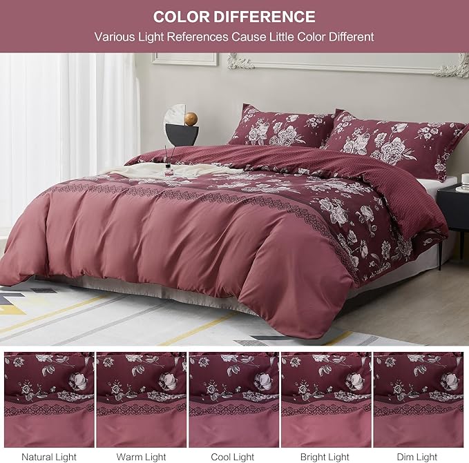 SAPHREAS Red Floral Duvet Cover Set Full Size Retro Style 3pcs Vintage Botanical Flower Microfiber Bedding Set 1 Duvet Cover with Zipper Ties 2 Pillow Shams (No Duvet Insert)