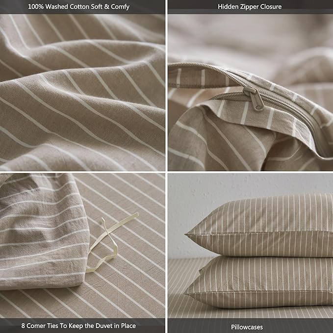 MooMee Striped Duvet Cover Set 100% Washed Cotton Linen Like Textured Breathable Durable Soft Comfy (Tannish Linen Grey White Wide Stripes, Oversized Queen 98"x98")