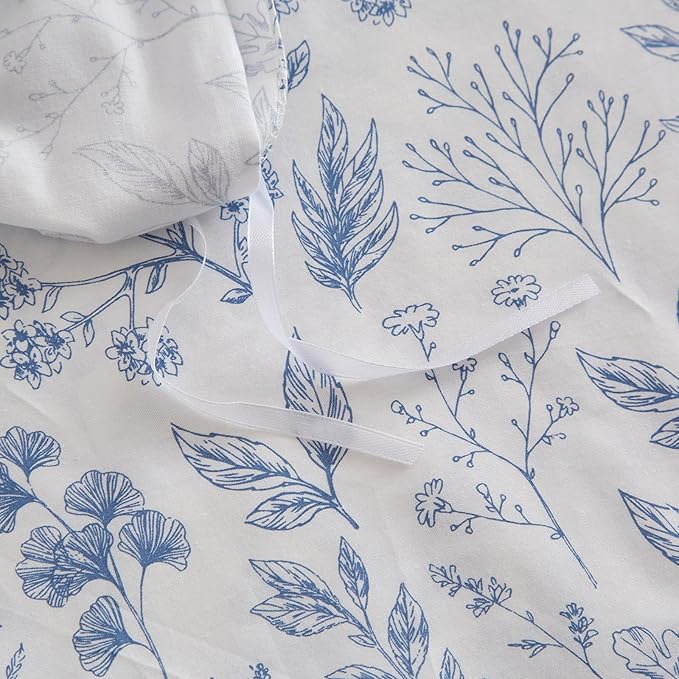 EAVD Fresh Blue Floral Duvet Cover Queen Soft 100% Cotton Garden Floral Aesthetic Bedding Set with 2 Pillowcases Cottagecore Botanical Duvet Cover with Zipper Closure