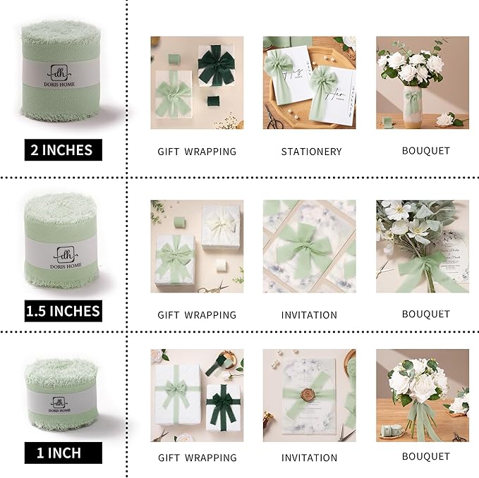 DORIS HOME Green and Cream Chiffon Ribbon for Flower Bouquet, 1" x21Yd Fabric Ribbon for Gift Wrapping, Handmade Frayed Ribbon for Wedding Invitations/Christmas Decorations