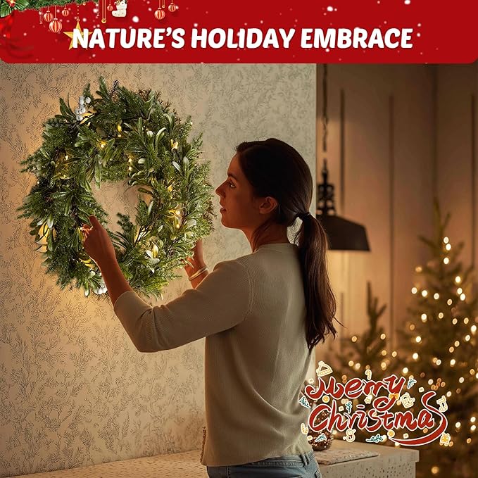 2Pack 6FT Christmas Garland – Artificial Greenery Olive Garland with White Berries, Pinecones & 20 Warm LED Timer Lights – Holiday Garland for Home, Wedding, Party Decorations