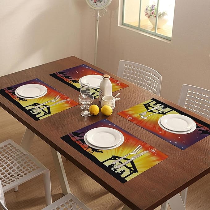 Christian Christmas Placemats Set of 4 Nativity Scene Place Mats Washable Table Dinner Mats Linen Table Mats for Kitchen Dining Party Home Kitchen Decor 12x18 Inch