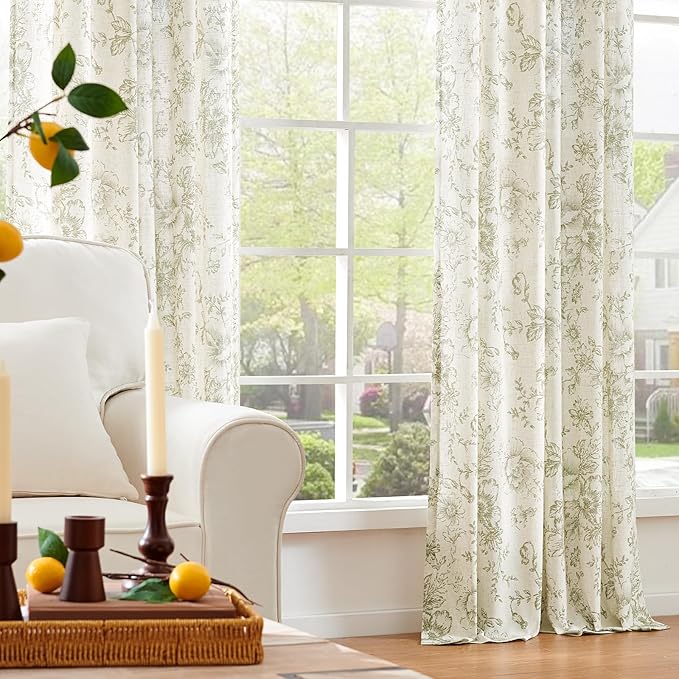 jinachan Linen Blend Floral Curtains for Living Room 84 Inch Length Christmas Sage Green Printed Curtain Rod Pocket Back Tab Farmhouse Peony Flower Patterned Drapes Bedroom Curtains Set 2 Panels