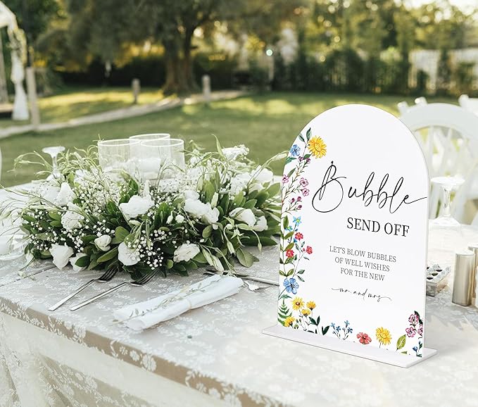 Acrylic Wedding Signs Bubble Send off Sign for Reception, 6x8" Floral Themed Arch Acrylic Table Decor, Love Is In Bloom Decorations for Bridal Shower Engagement Party