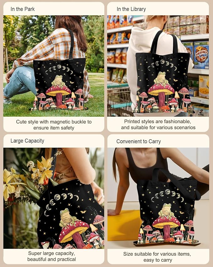 Aesthetic Tote Bag for Women- with Magnetic Buckle and Zipper Inner Pocket Cloth Cotton Canvas Tote Bags